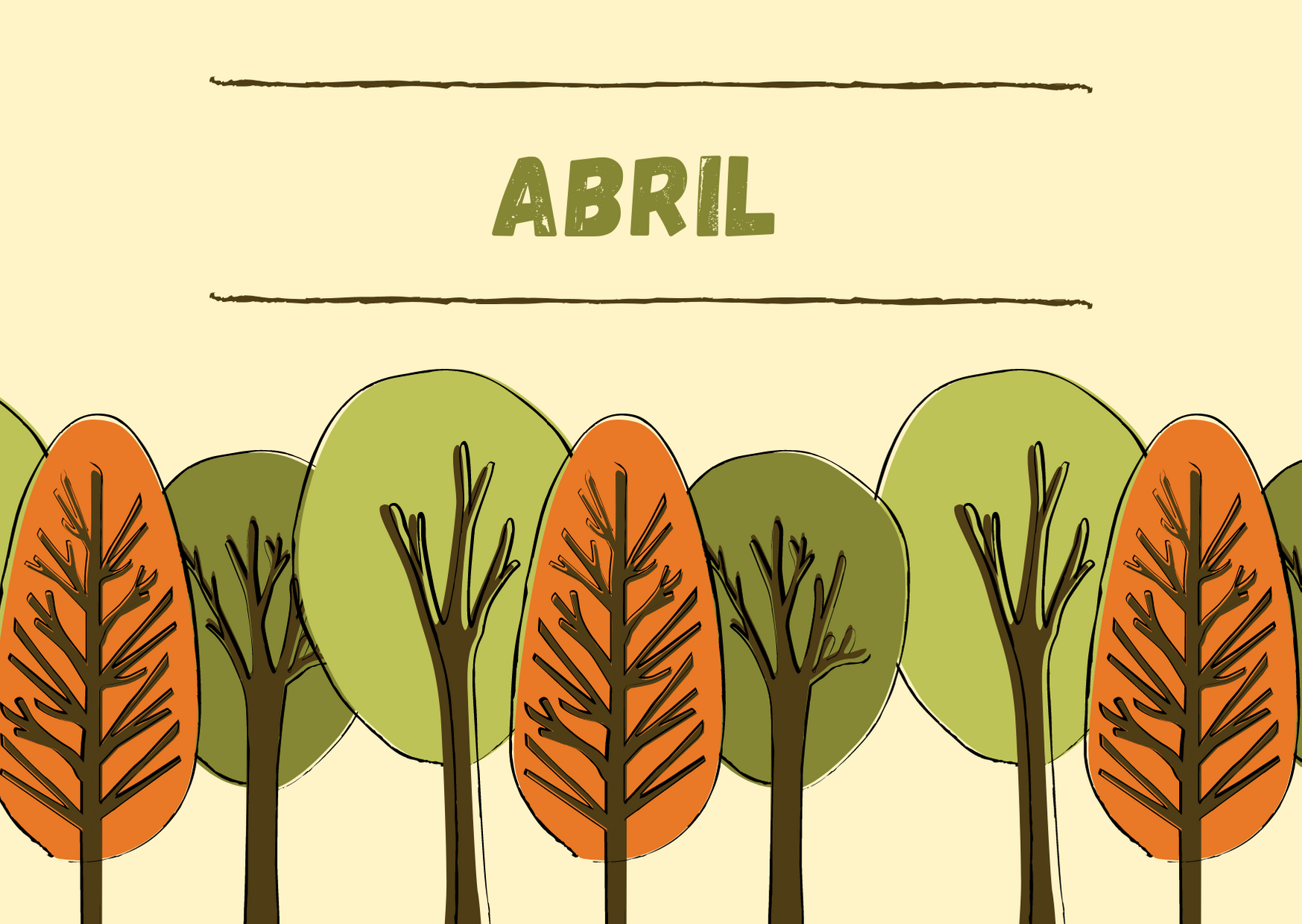 Crema, Verde y Naranja Ilustración Árboles Día de la Tierra Tarjeta